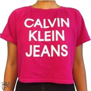 Calvin Klein Jeans Pink French Terry Short Sleeve Crop Top Logo Tee NWT